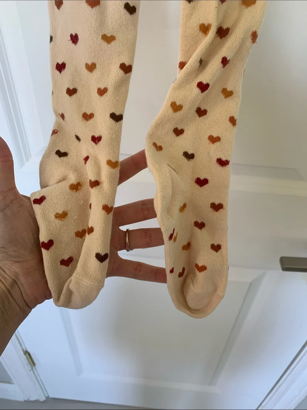 Cream Kids Tights with Multicolor Heart Print